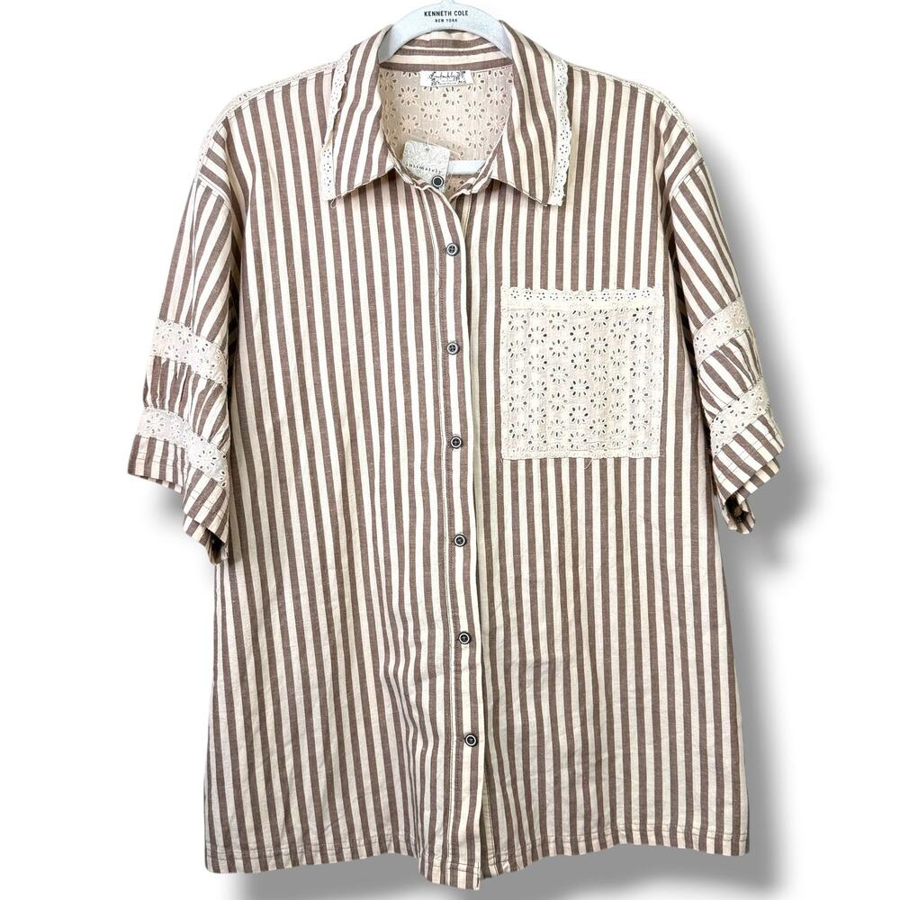 NEW Intimately Free People Neutral Combo Brown Stripe Clear Skies Lounge Shirt - Picture 5 of 10